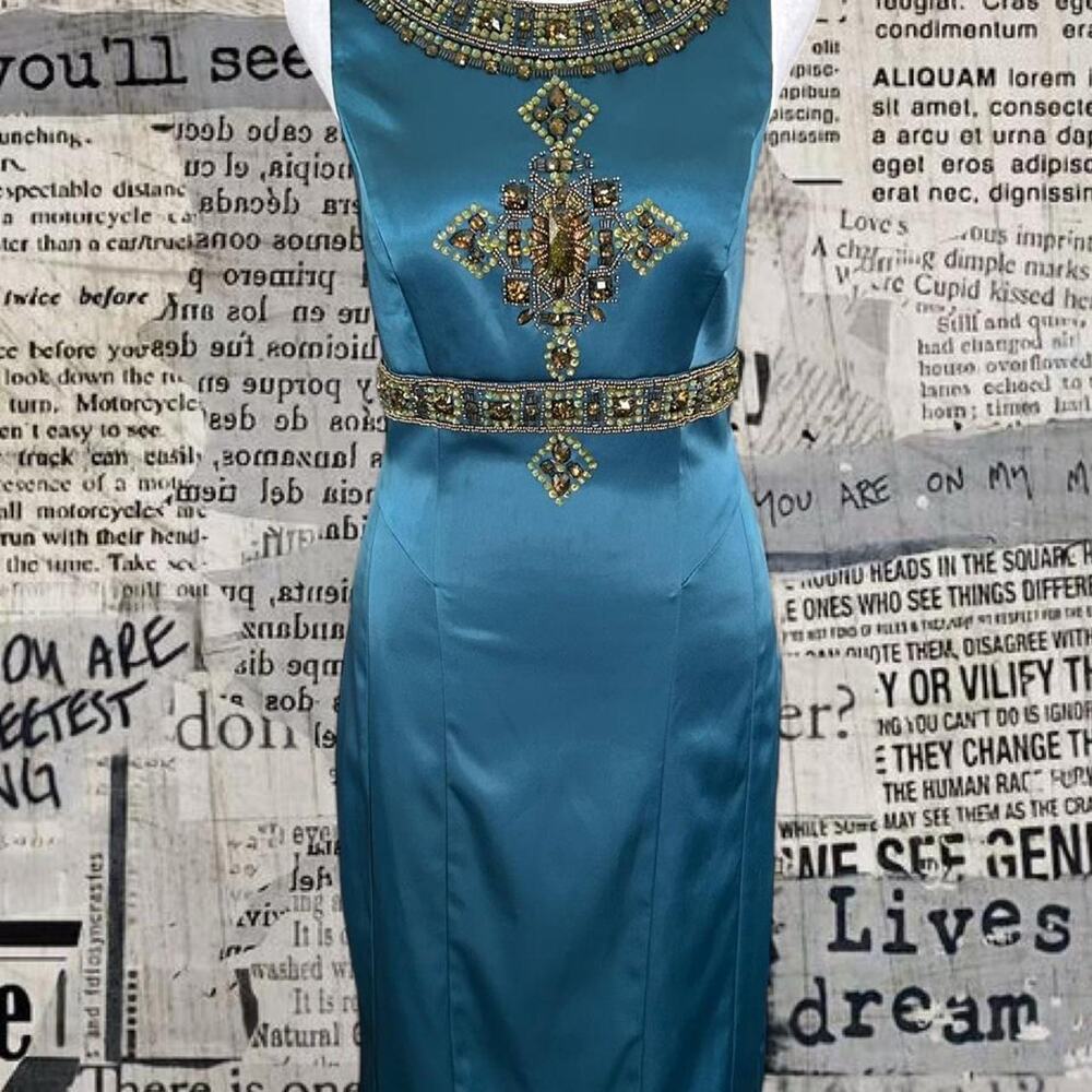 Vintage Sue Wong Blue Jeweled Satin Dress Y2K Womens size 8